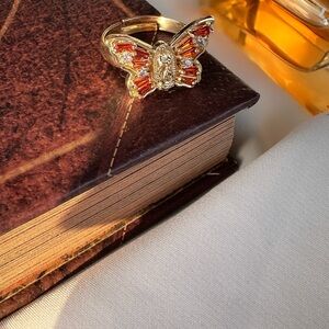 Gold Butterfly Ring with Orange Crystal Accents